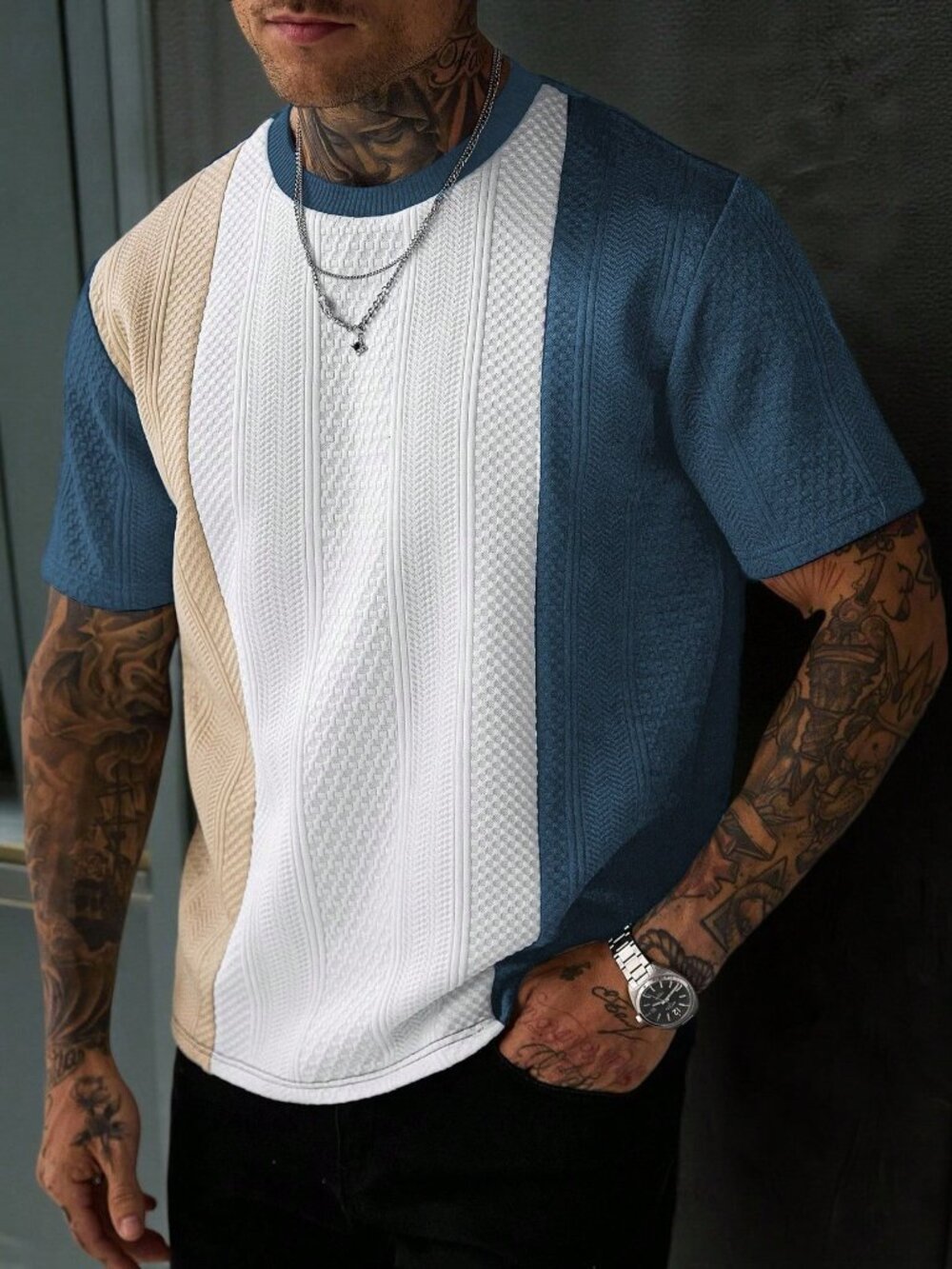 Teal Blue Casual Men's Geometric Textured Colorblock Crew Neck T-Shirt